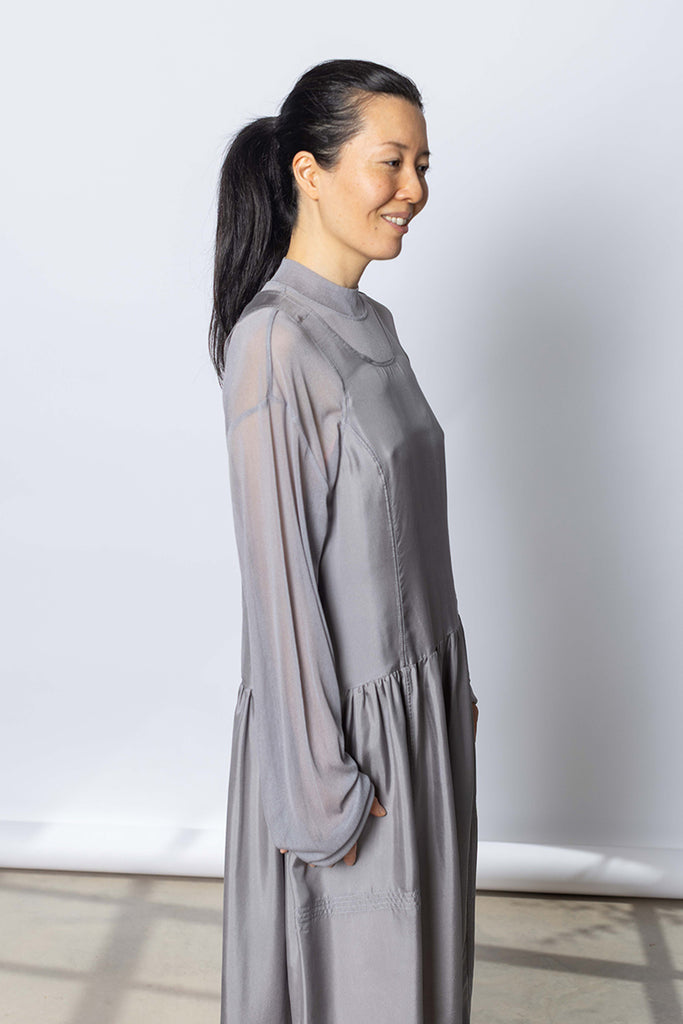 Silk Net Oversized Long Sleeve T-Shirt - Grey