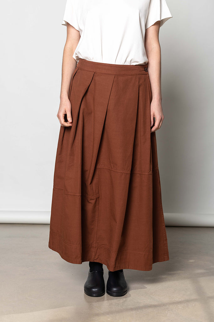 Slanted Pleat Cotton Skirt -Brick