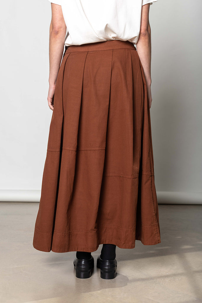 Slanted Pleat Cotton Skirt -Brick
