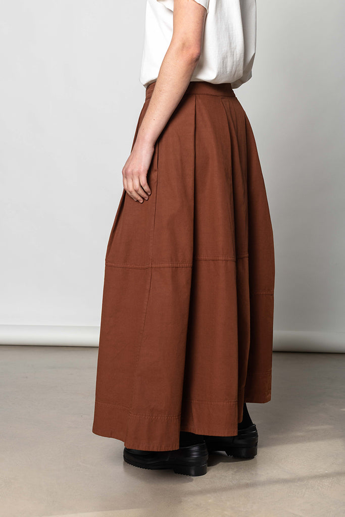 Slanted Pleat Cotton Skirt -Brick