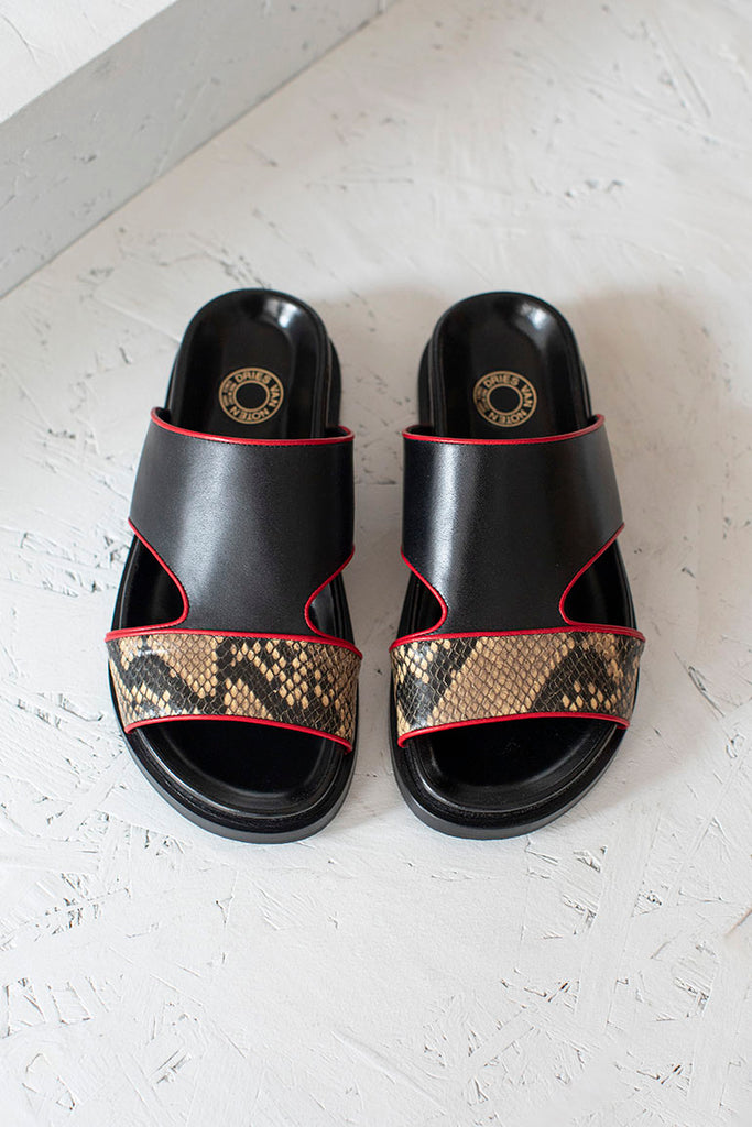 Snake Print Trimmed Leather Slides - Black