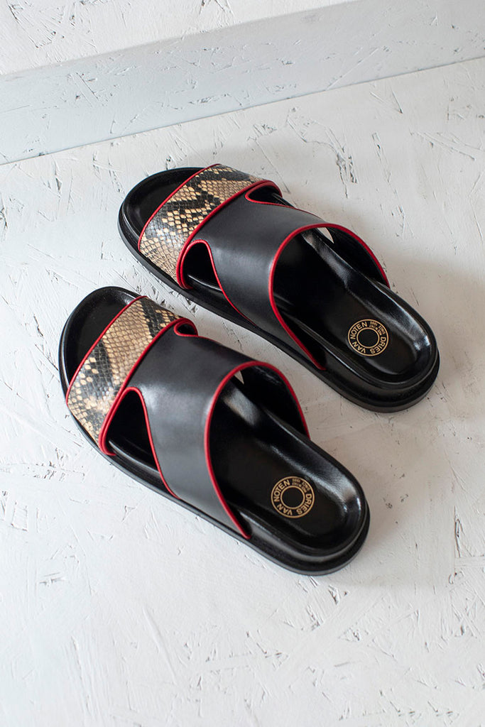 Snake Print Trimmed Leather Slides - Black