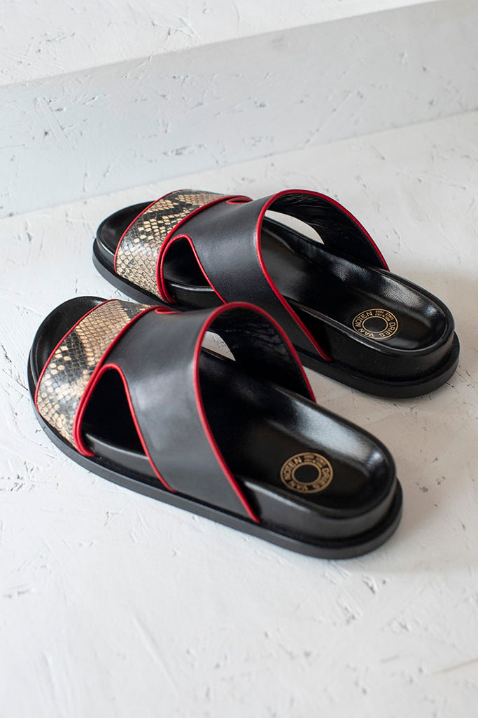 Snake Print Trimmed Leather Slides - Black