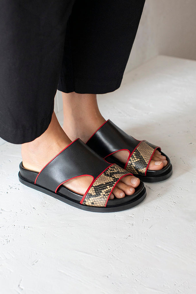 Snake Print Trimmed Leather Slides - Black