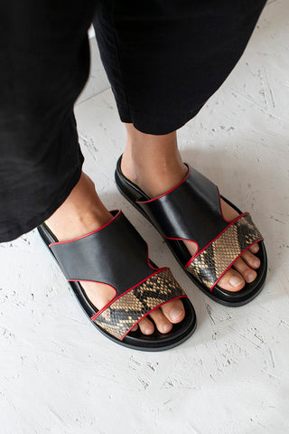 Snake Print Trimmed Leather Slides - Black