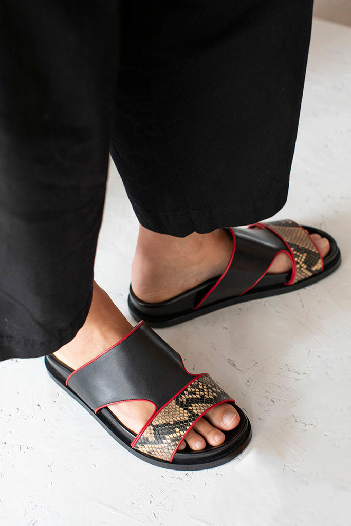 Snake Print Trimmed Leather Slides - Black