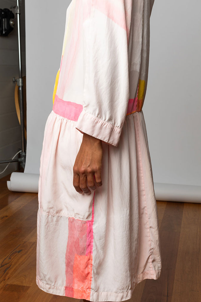 Hand Painted Dropped Waist Silk Dress - Pink