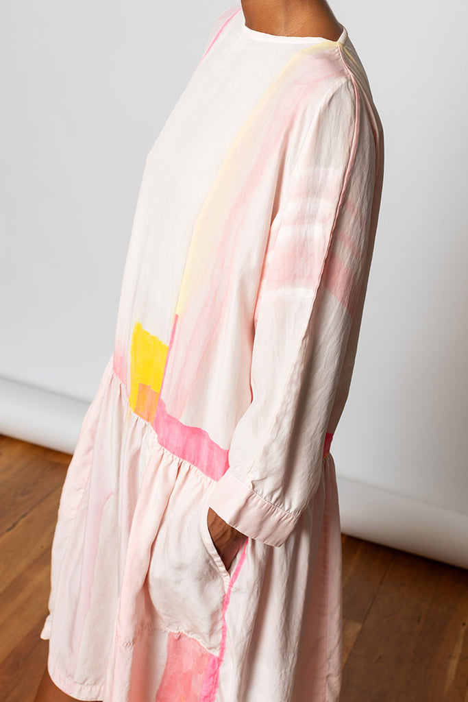 Hand Painted Dropped Waist Silk Dress - Pink