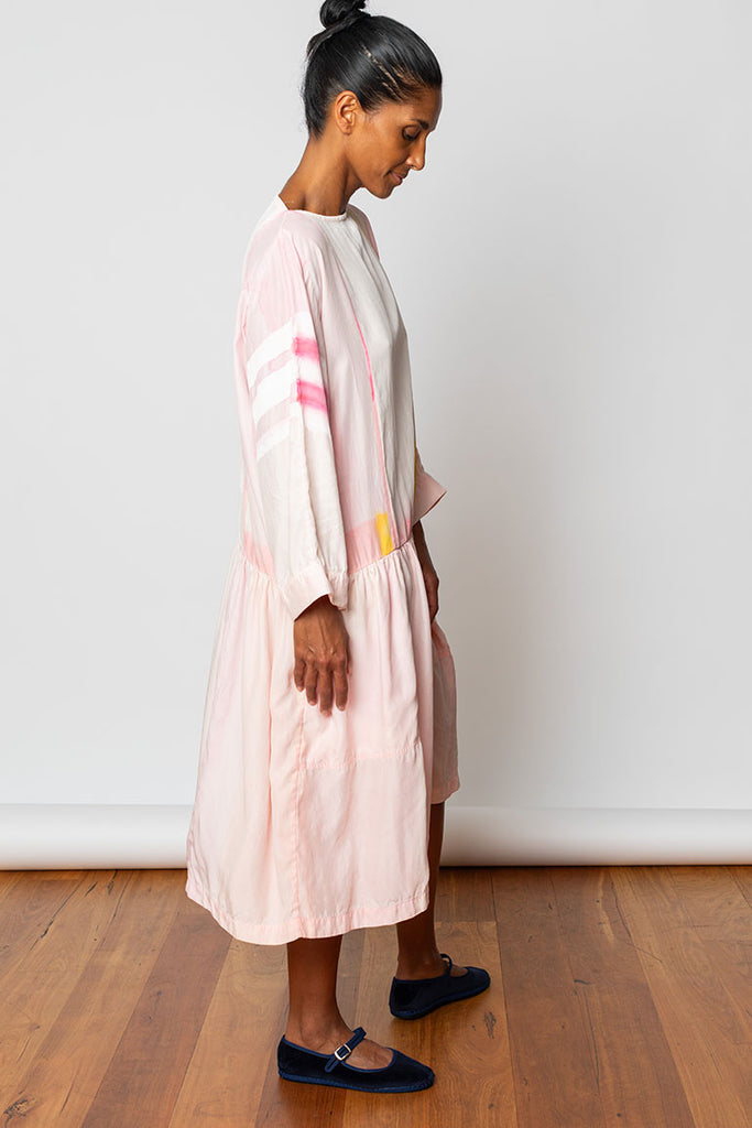 Hand Painted Dropped Waist Silk Dress - Pink