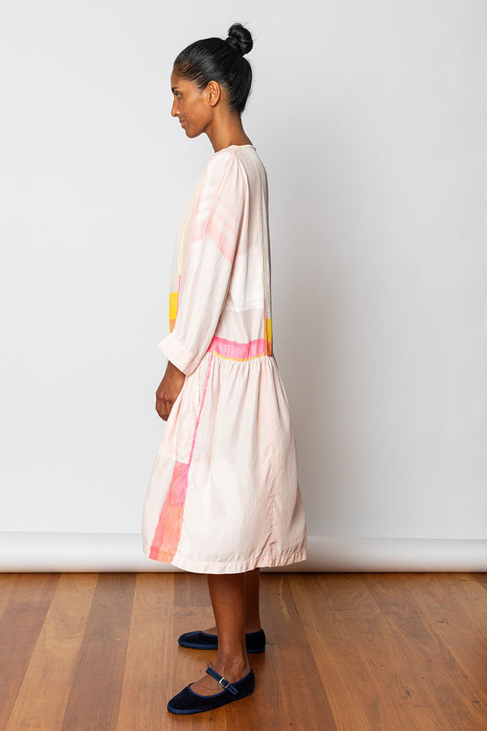 Hand Painted Dropped Waist Silk Dress - Pink