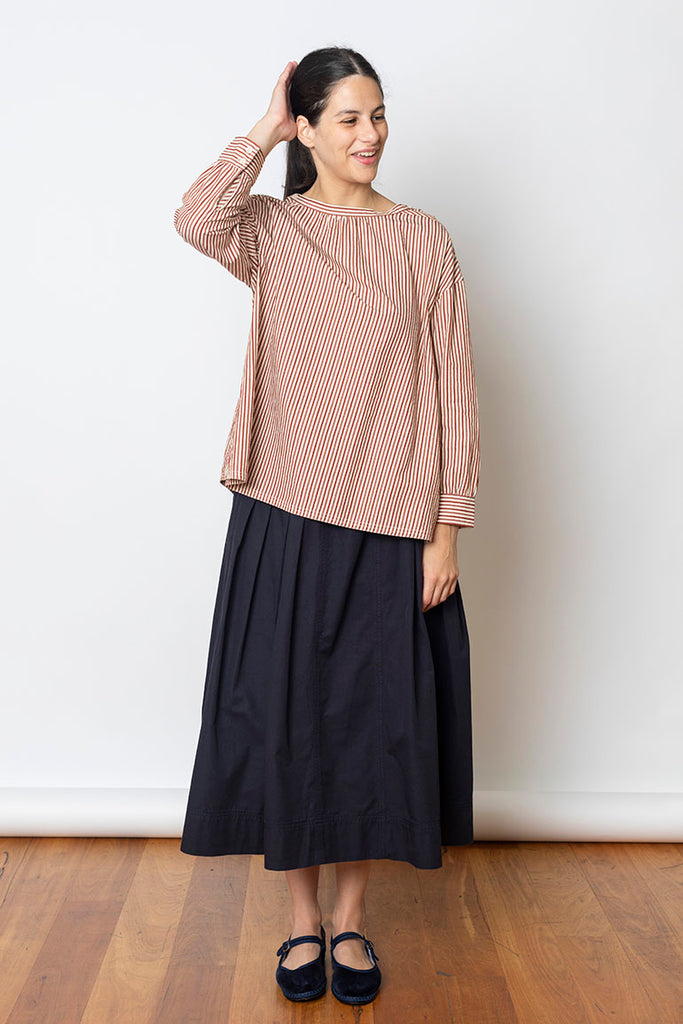 Stripe Cotton Gathered Smock Top - Brick/Ecru