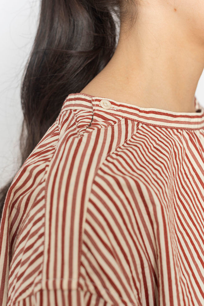 Stripe Cotton Gathered Smock Top - Brick/Ecru