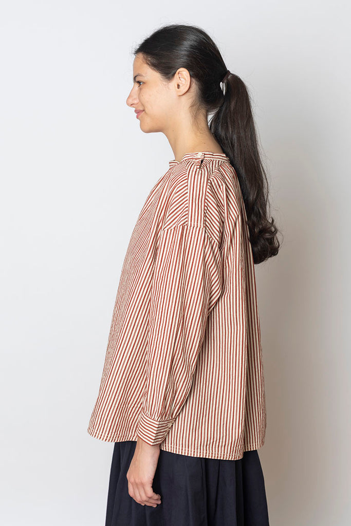 Stripe Cotton Gathered Smock Top - Brick/Ecru