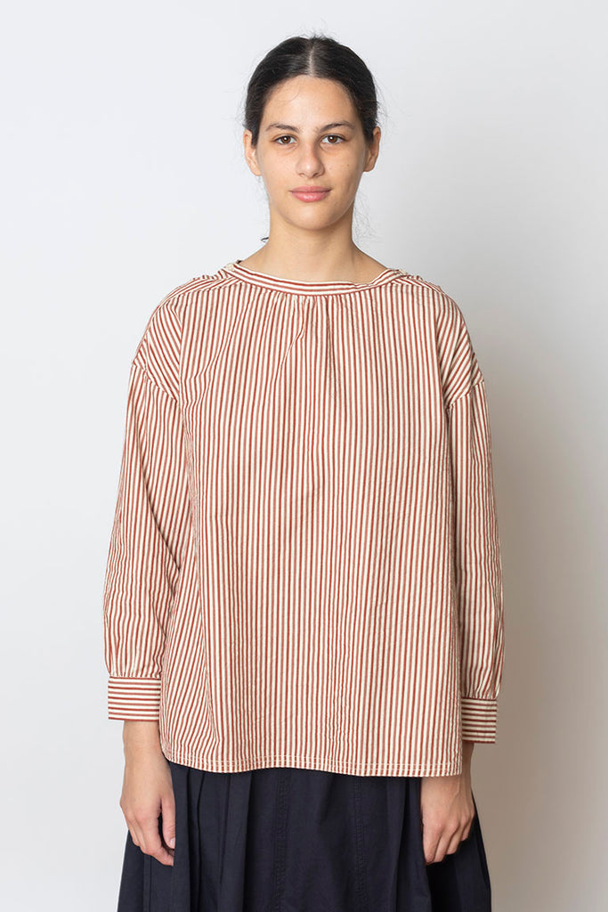 Stripe Cotton Gathered Smock Top - Brick/Ecru