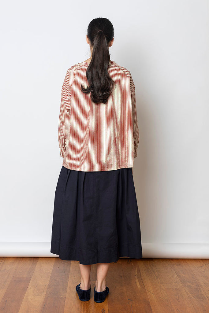 Stripe Cotton Gathered Smock Top - Brick/Ecru