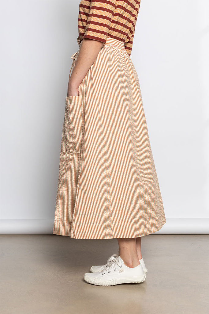 Stripe Cotton Seersucker Patch Pocket Skirt - Terracotta/Ecru