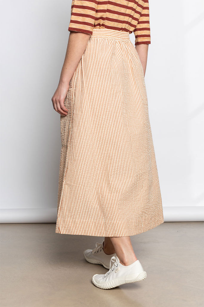 Stripe Cotton Seersucker Patch Pocket Skirt - Terracotta/Ecru