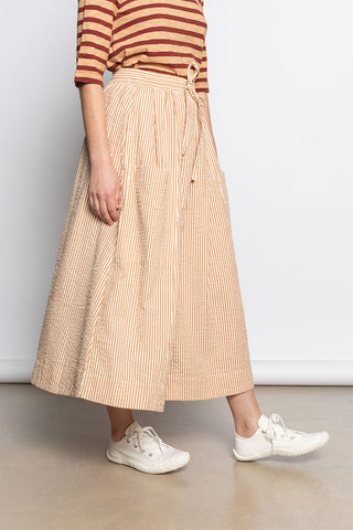 Stripe Cotton Seersucker Patch Pocket Skirt - Terracotta/Ecru
