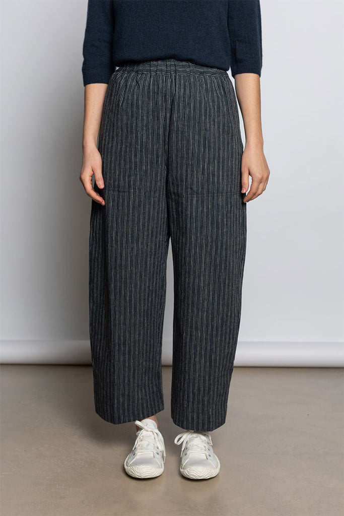 Stripe Linen Cotton Barrel Leg Trousers - Shadow Blue/Black