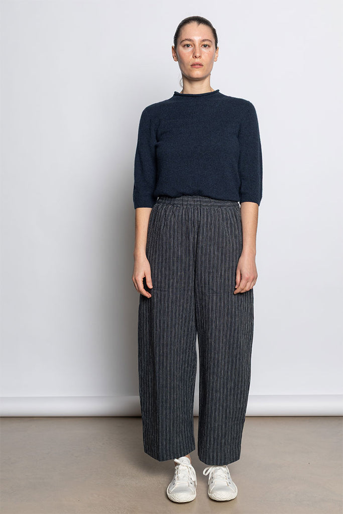 Stripe Linen Cotton Barrel Leg Trousers - Shadow Blue/Black