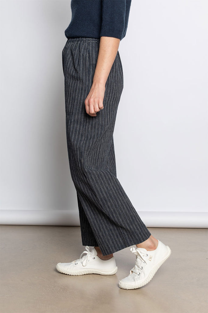 Stripe Linen Cotton Barrel Leg Trousers - Shadow Blue/Black