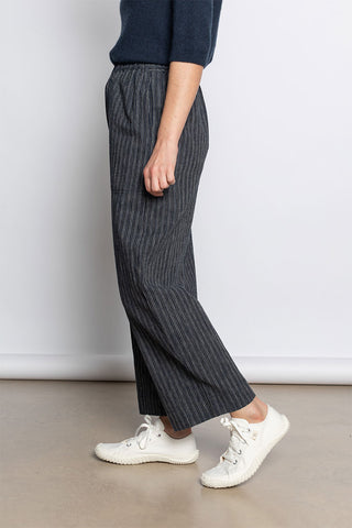 Stripe Linen Cotton Barrel Leg Trousers - Shadow Blue/Black
