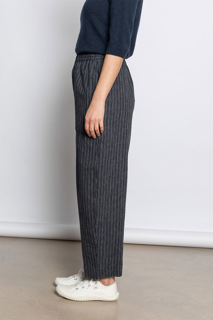 Stripe Linen Cotton Barrel Leg Trousers - Shadow Blue/Black