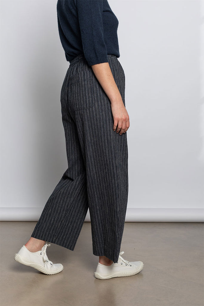 Stripe Linen Cotton Barrel Leg Trousers - Shadow Blue/Black