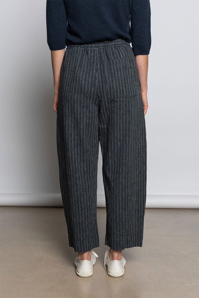 Stripe Linen Cotton Barrel Leg Trousers - Shadow Blue/Black