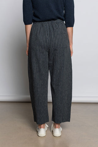 Stripe Linen Cotton Barrel Leg Trousers - Shadow Blue/Black