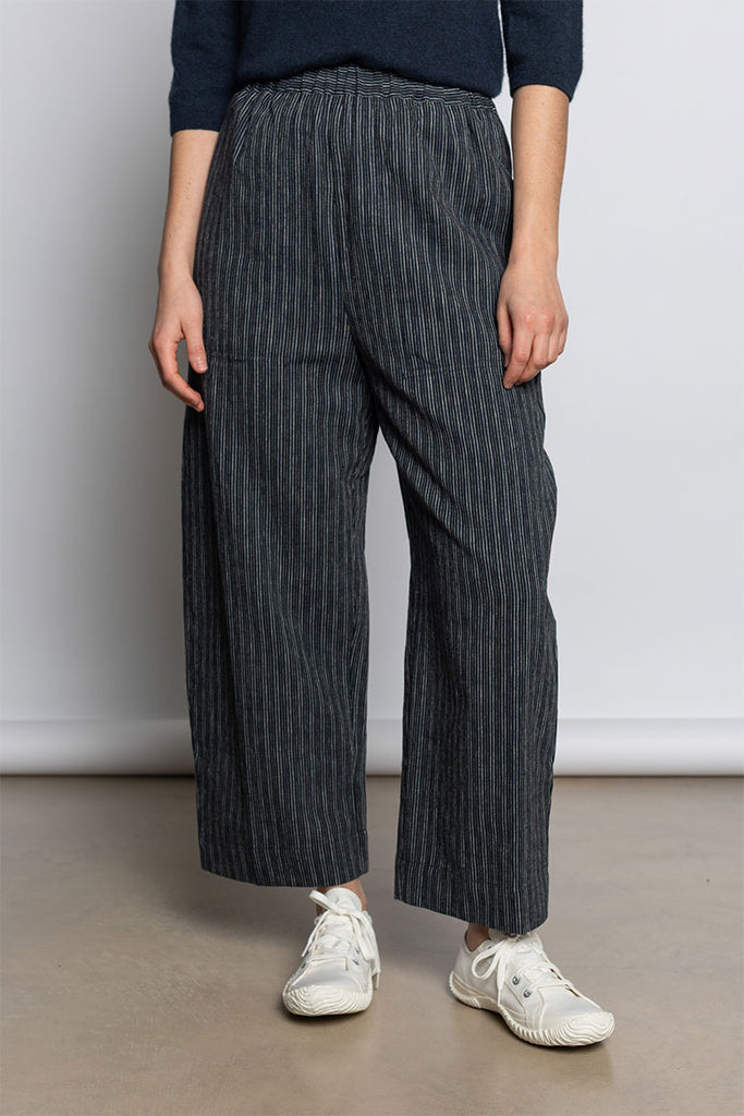 Stripe Linen Cotton Barrel Leg Trousers - Shadow Blue/Black
