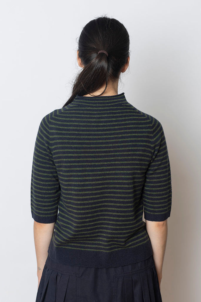 Stripe Wool Cashmere Half Sleeve Sweater - Dark Navy/Olive