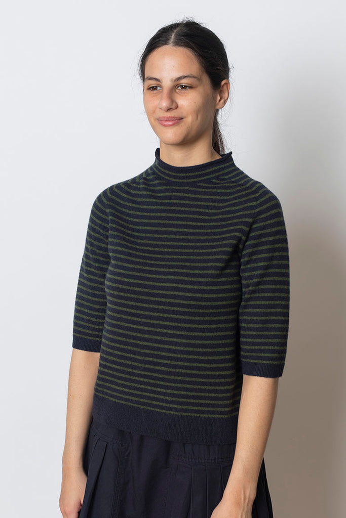 Stripe Wool Cashmere Half Sleeve Sweater - Dark Navy/Olive