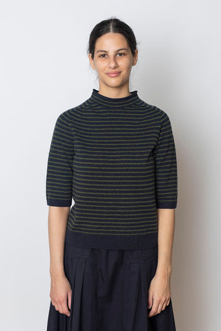 Stripe Wool Cashmere Half Sleeve Sweater - Dark Navy/Olive