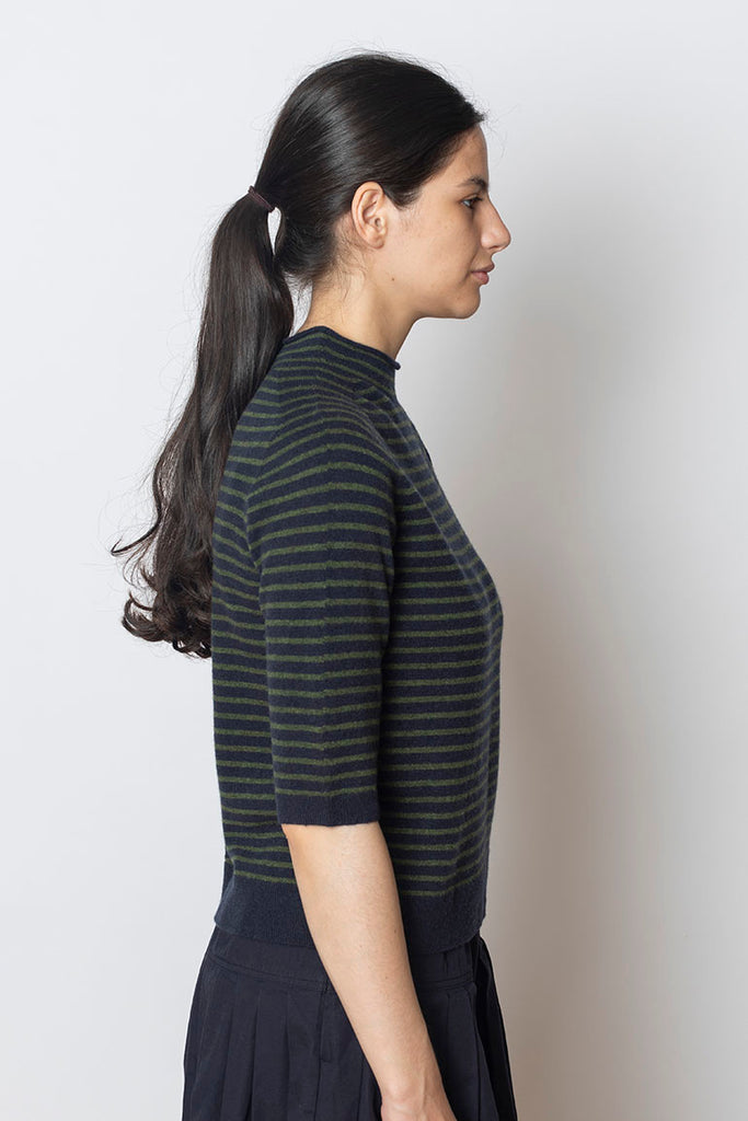 Stripe Wool Cashmere Half Sleeve Sweater - Dark Navy/Olive