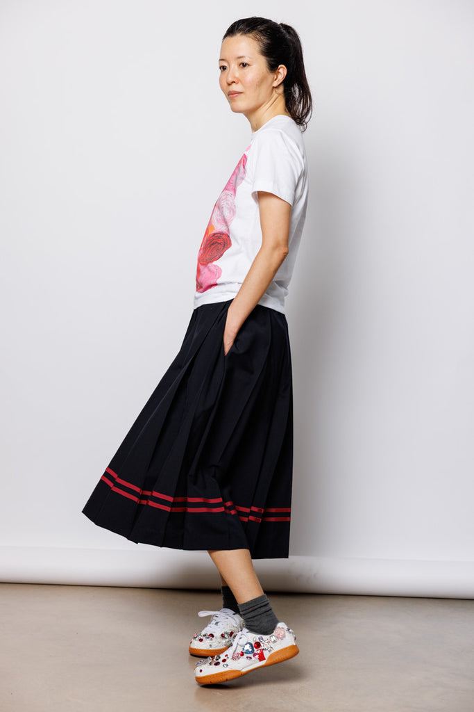 Striped Border Pleated Skirt - Navy