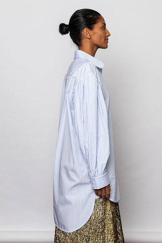 Striped Long Puff Sleeve Shirt - Blue/White