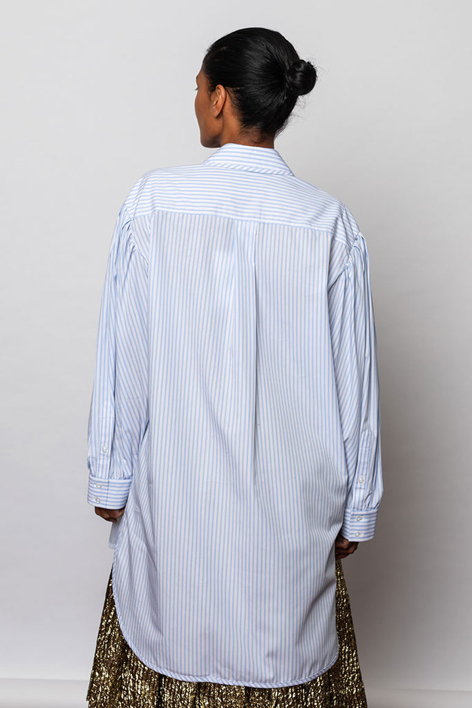Striped Long Puff Sleeve Shirt - Blue/White