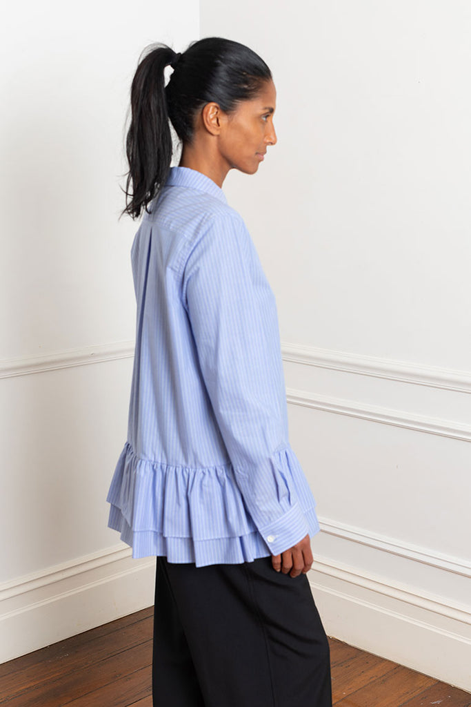 Striped Ruffle Hem Shirt - Blue