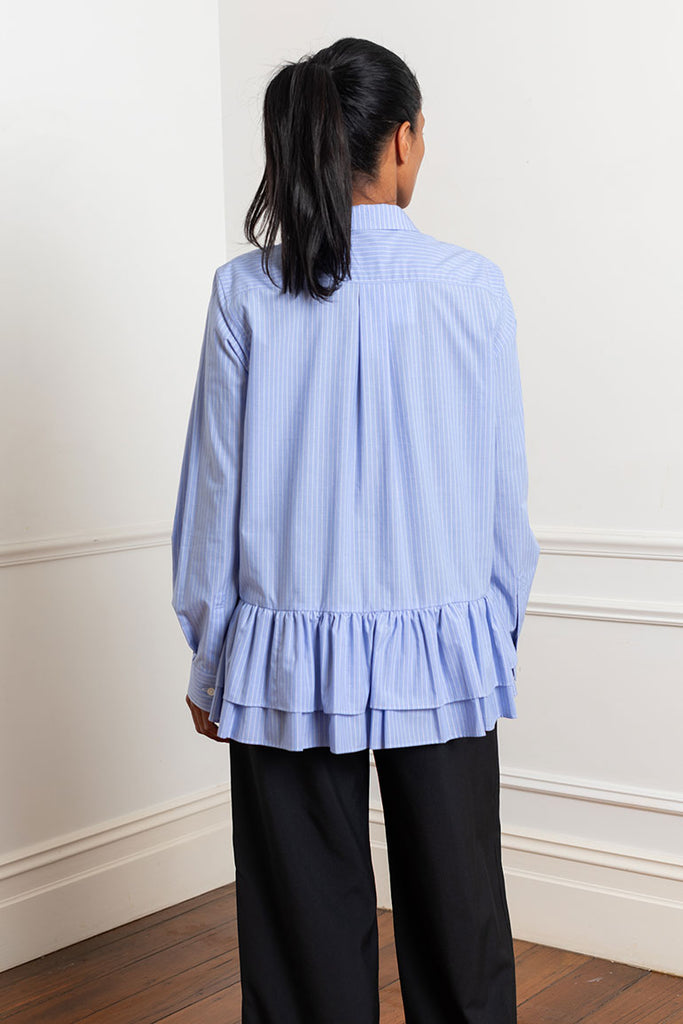 Striped Ruffle Hem Shirt - Blue