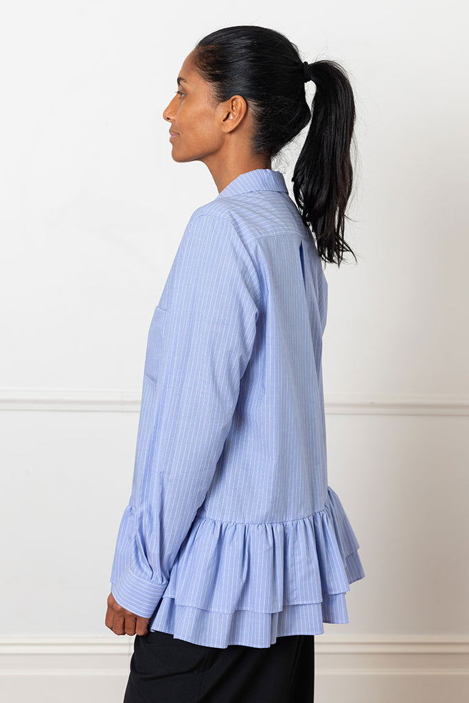 Striped Ruffle Hem Shirt - Blue