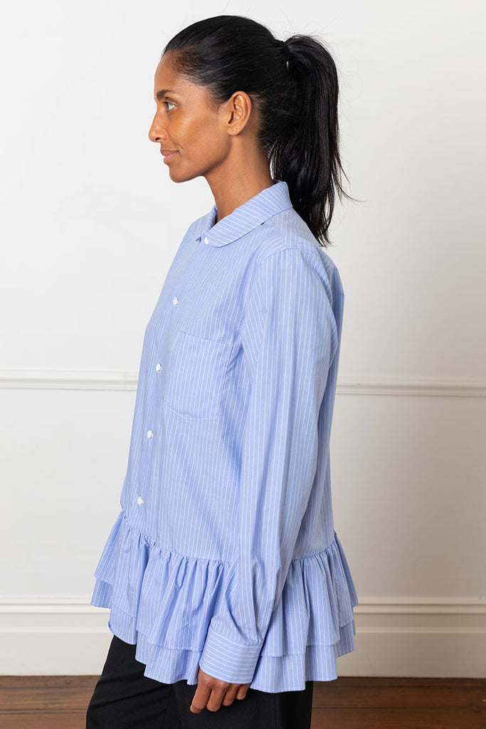 Striped Ruffle Hem Shirt - Blue