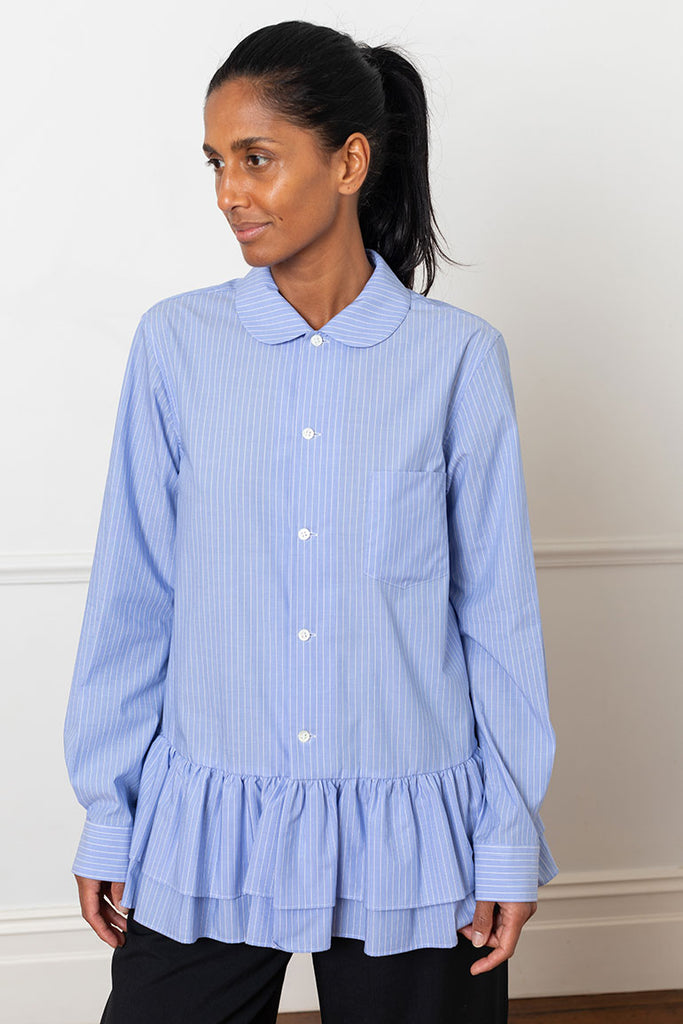 Striped Ruffle Hem Shirt - Blue