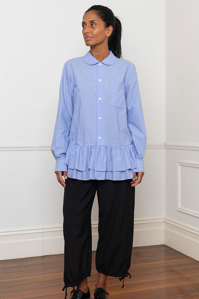 Striped Ruffle Hem Shirt - Blue