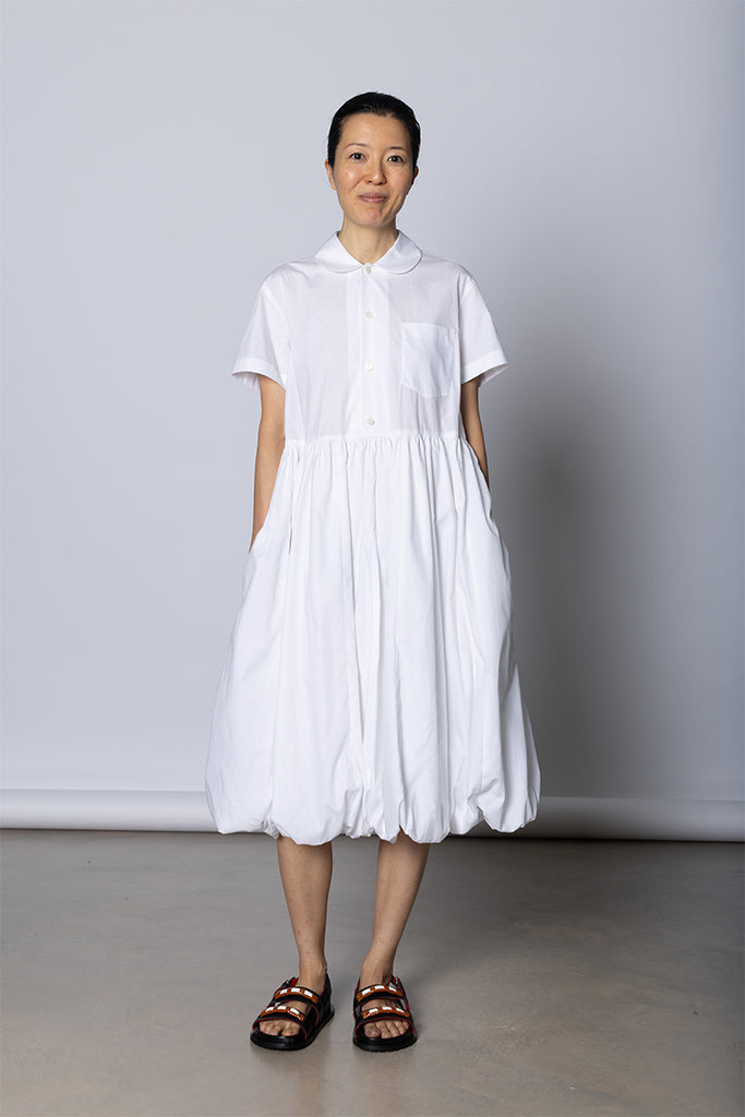 Balloon Skirted Shirt Dress - White