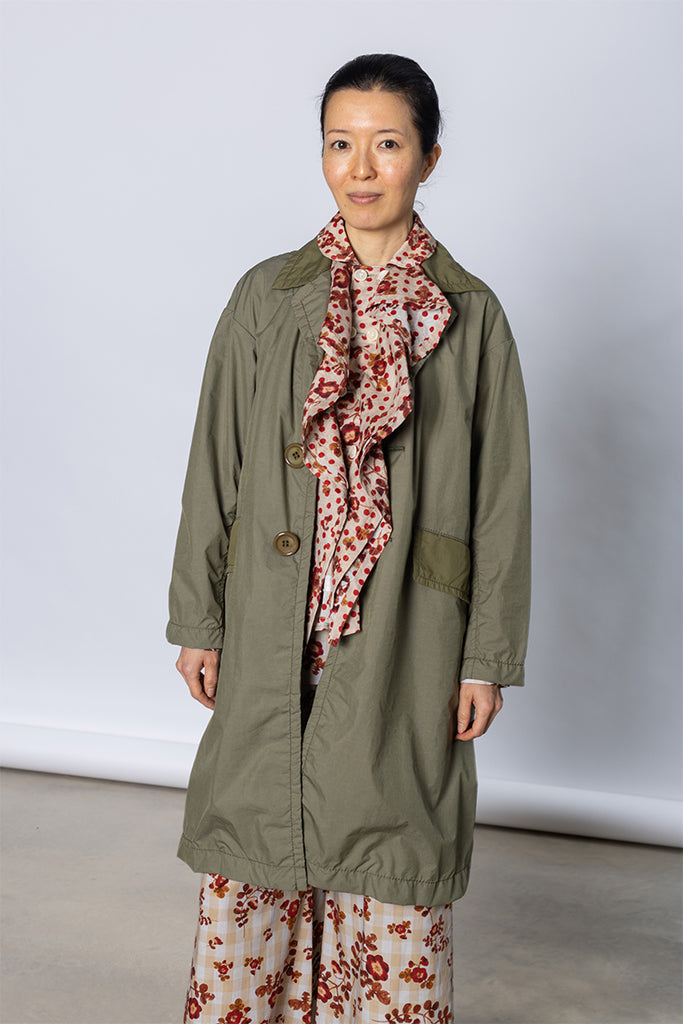 Contrast Frill Front Coat - Khaki/Beige
