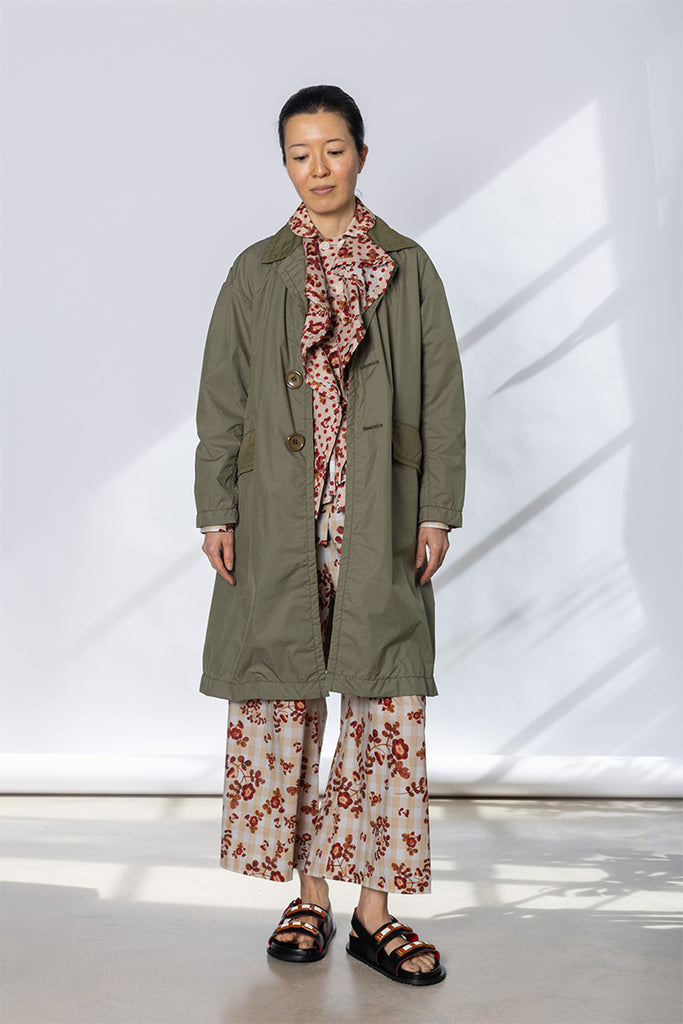Contrast Frill Front Coat - Khaki/Beige
