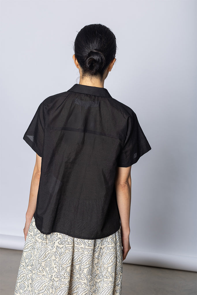 Cotton Ramie Peter Pan Collar Shirt - Black