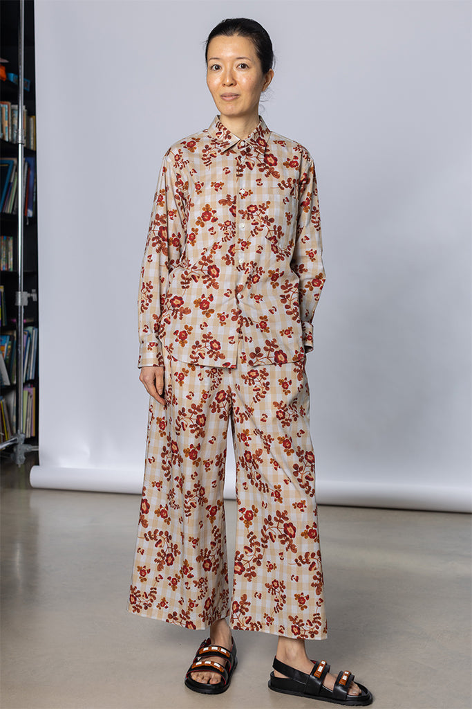 Gingham Floral Elastic Waist Pant - Beige