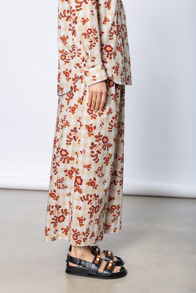 Gingham Floral Elastic Waist Pant - Beige